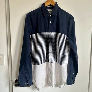 Express - Fitted Men's Dress Shirt - Navy & White Striped - Large